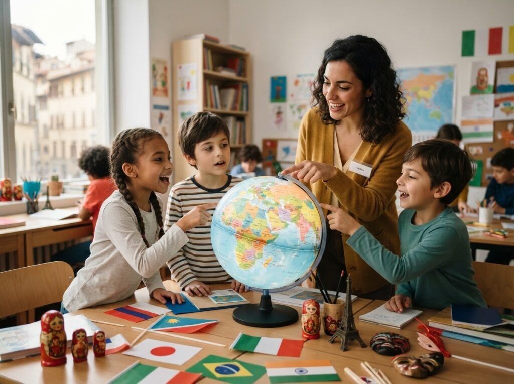 Children exploring a globe and world flags in an English class