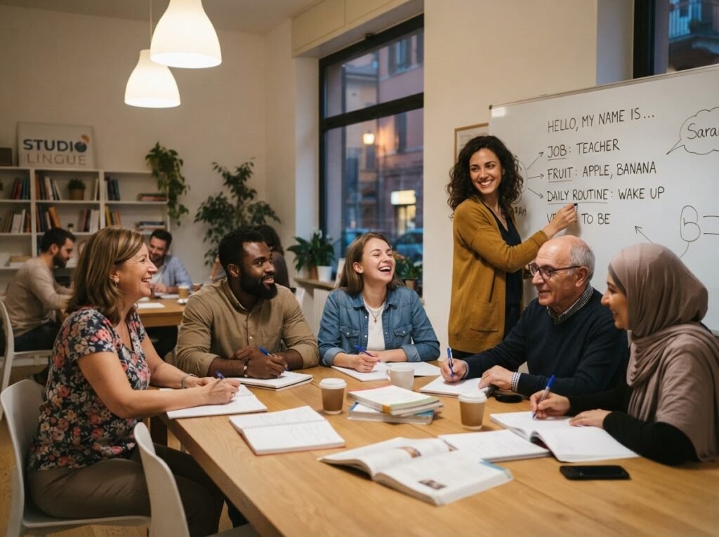 Adult beginners in a friendly Basic English evening class