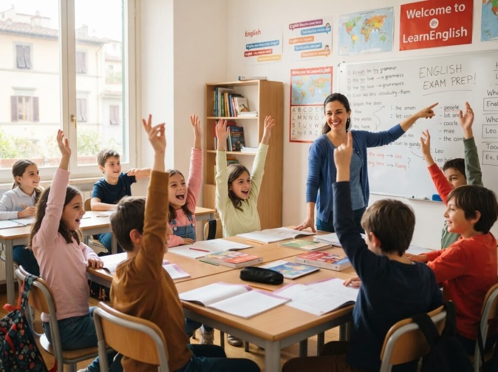Children raising hands in a Cambridge A1 Movers class