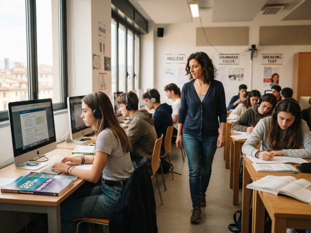 Teenagers studying for Cambridge B1 Preliminary in a language lab