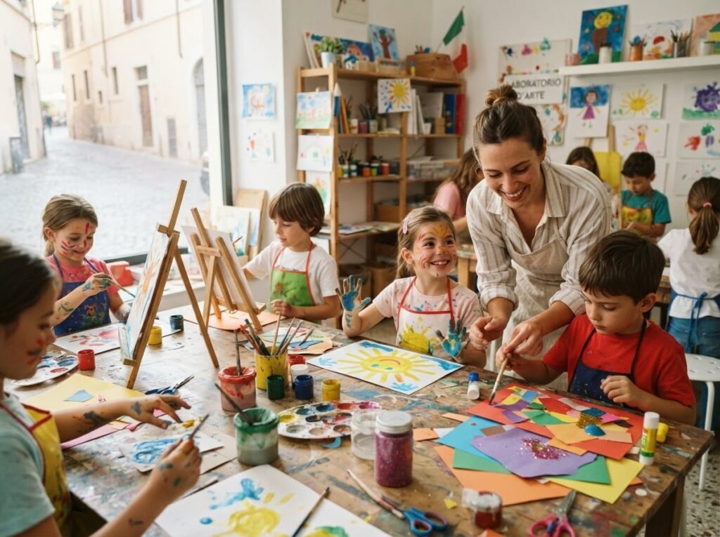 Children painting and making crafts in a creative English lab