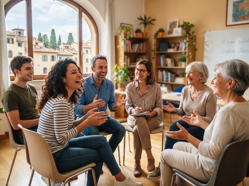 Adults talking and laughing in an English conversation class