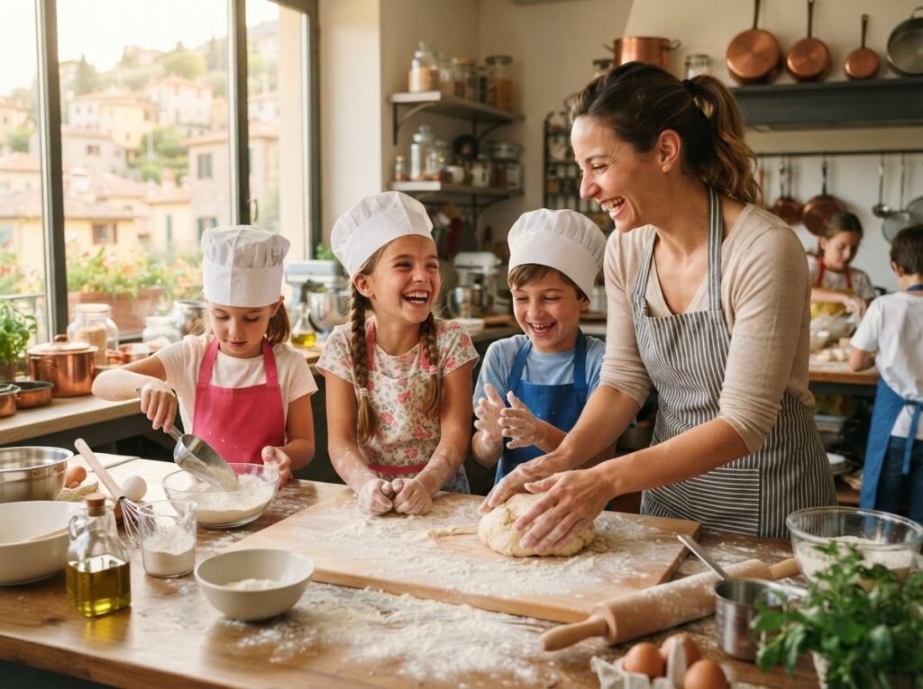 Children cooking together in an English through cooking class