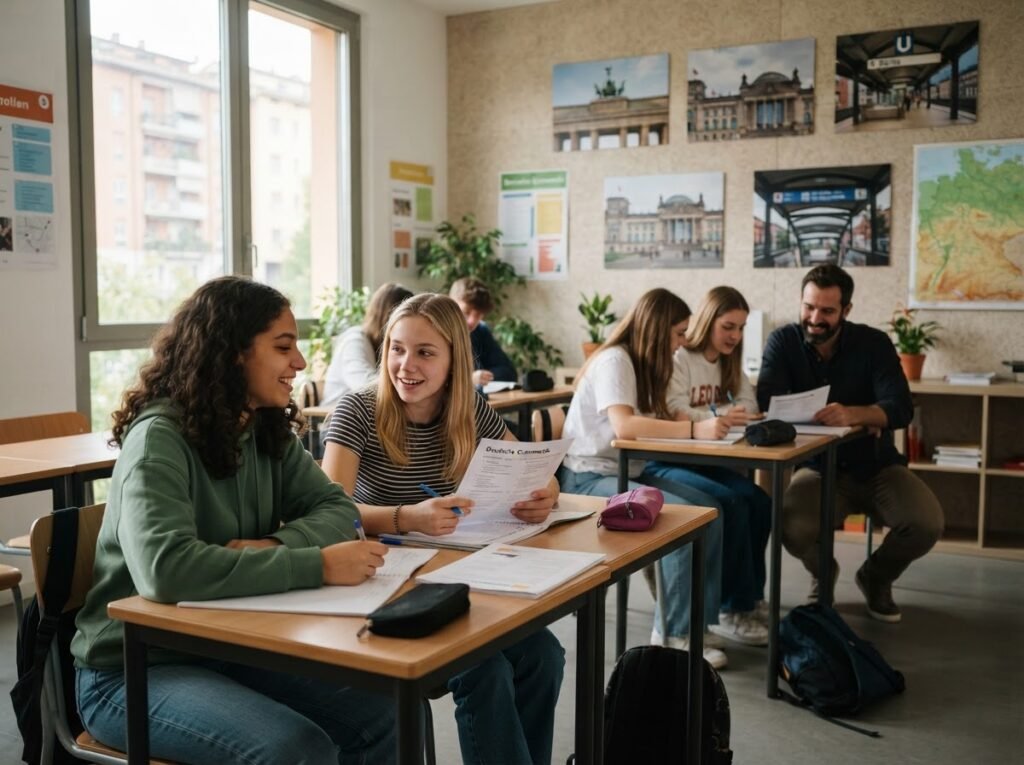 Teenagers working in pairs in a German language class