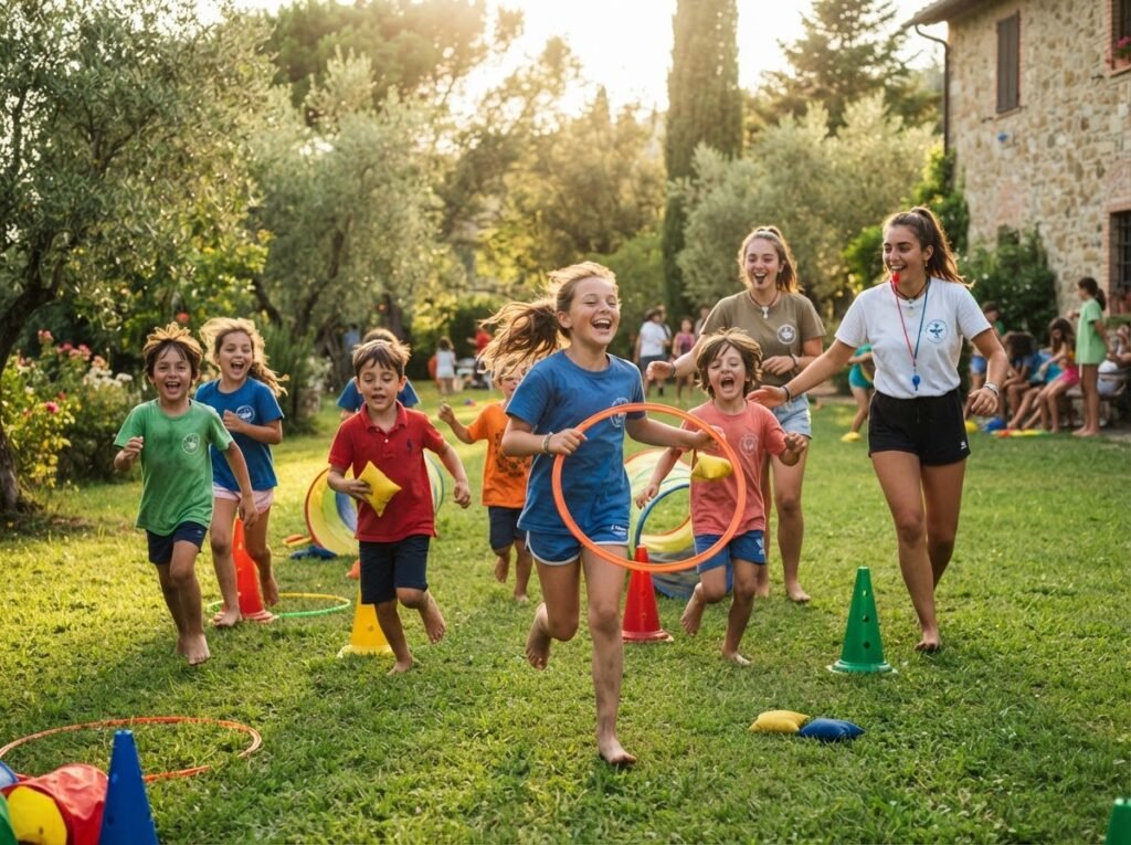 Children playing outdoor games at a summer English camp