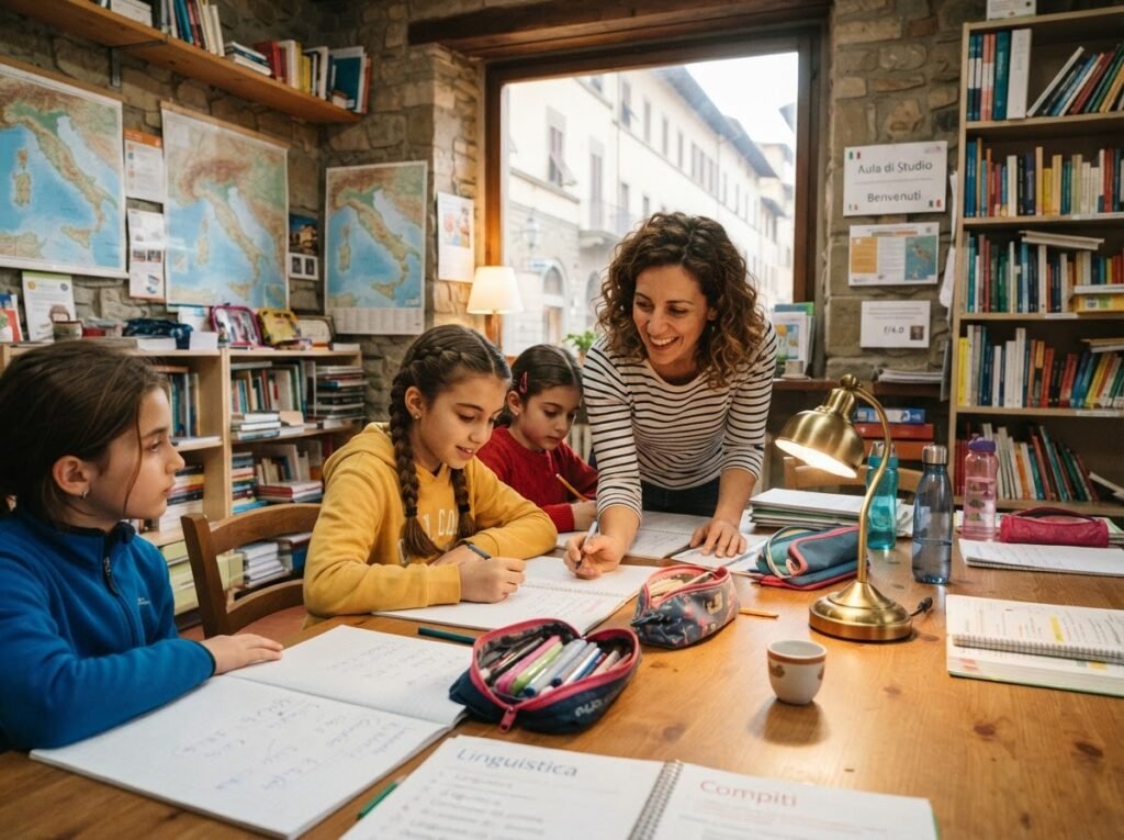 A tutor helping children at a homework and English support club