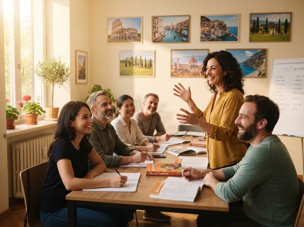 Students in an Italian language class in a sunlit room