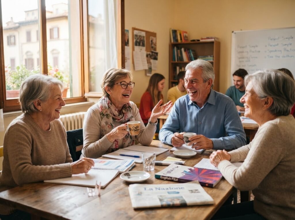 Senior adults chatting over coffee in a morning English class