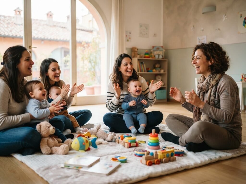 Mothers and babies singing rhymes together in an English class