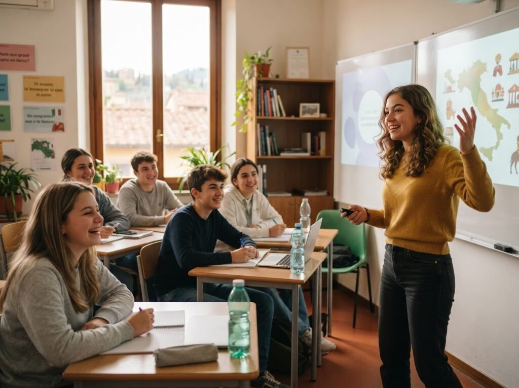 A teenager presenting confidently to classmates in English