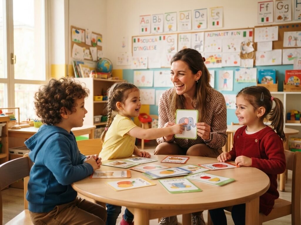 Preschool children playing an English flashcard game