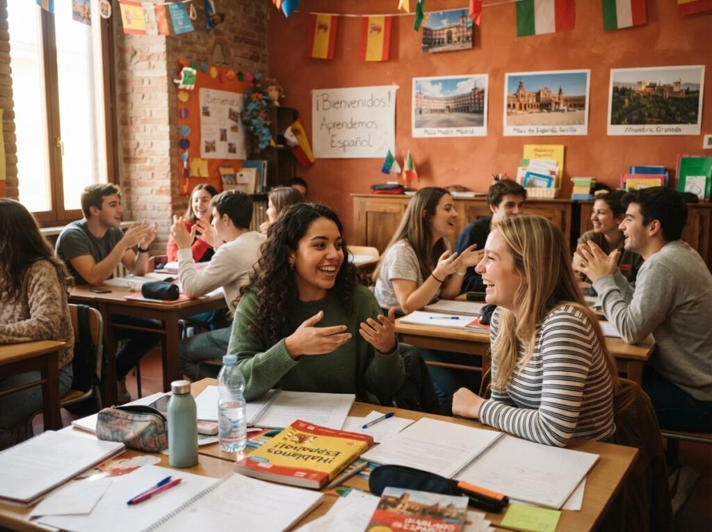 Students talking in a lively Spanish language class