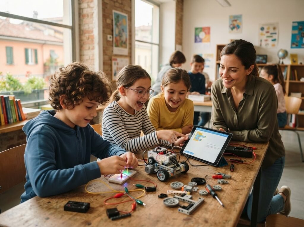 Children building a robot in a STEM in English workshop