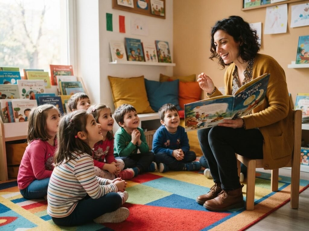 Teacher reading a picture book to children in a storytelling lab