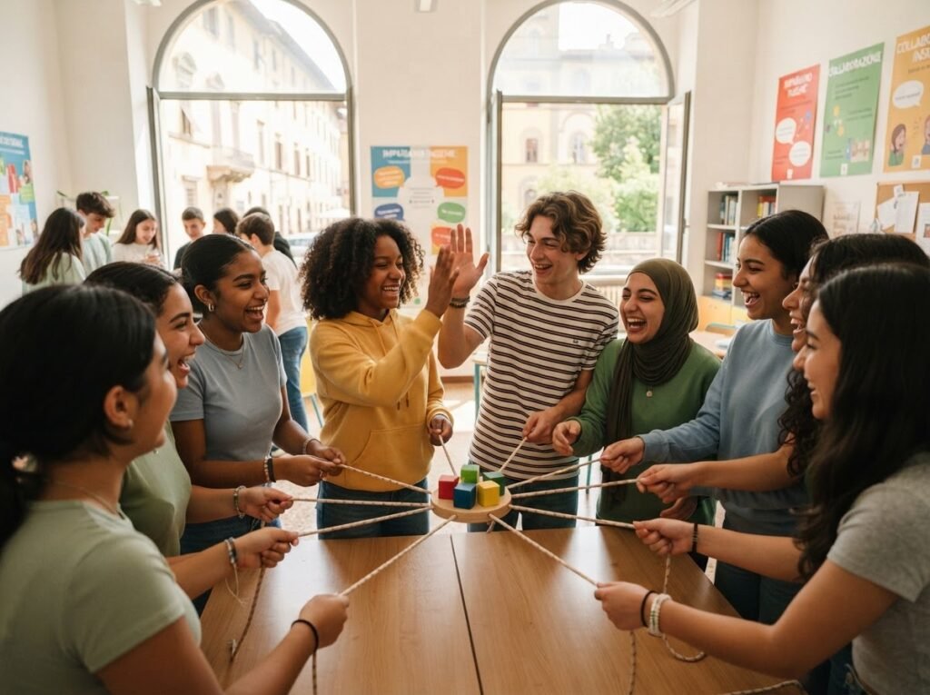A group doing a collaborative team building activity