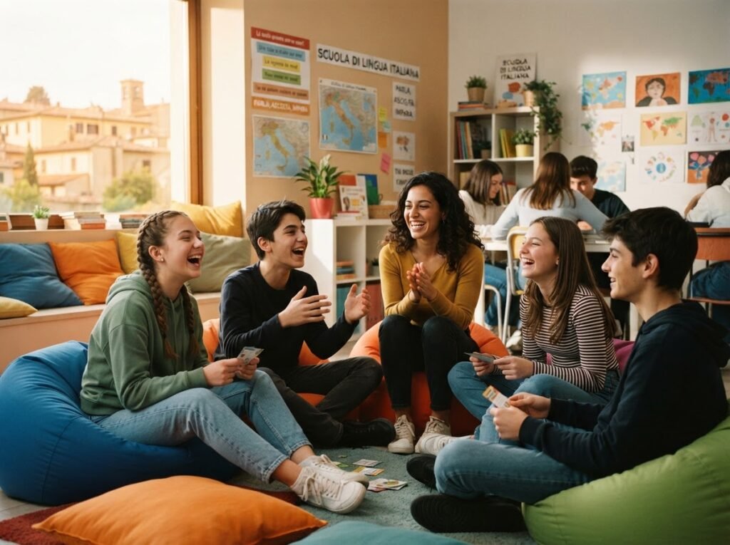 Teenagers playing a speaking game in an English class