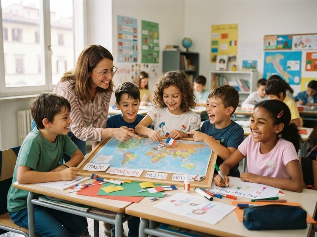 Children aged six to eight working on an English project