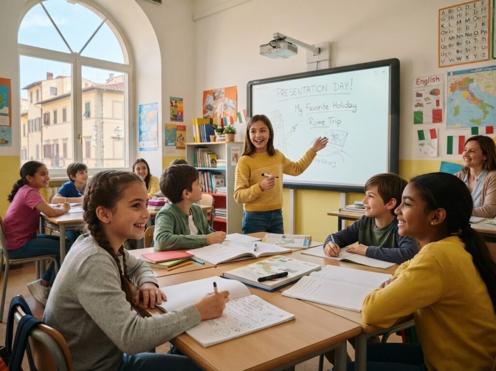 Children aged nine to eleven presenting in English class